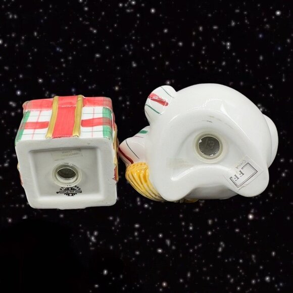 Fitz and Floyd Ceramic Salt & Pepper Shaker Snowman & Gift Present Set W Box vtg - Picture 5 of 6